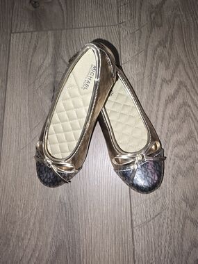 Michael Kors Metallic Gold Ballet Flats with Black Logo Toe